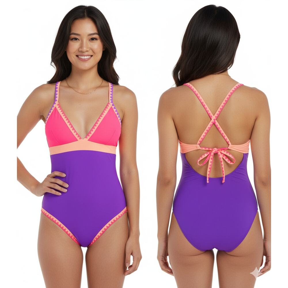 New Popvil One piece Swimsuit  Sz-Large color block contrast cross strap modest